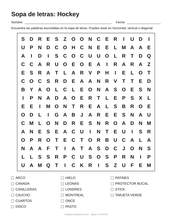 Hoja para imprimir de la sopa de letras de hockey: cuadrícula de 16 × 16 letras con 16 palabras escondidas, renglones para nombre y fecha y la lista de palabras para tachar.
