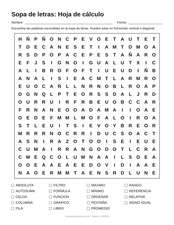Hoja para imprimir de la sopa de letras de la hoja de cálculo: cuadrícula de 18 × 18 letras con 19 palabras escondidas, renglones para nombre y fecha y la lista de palabras para tachar.