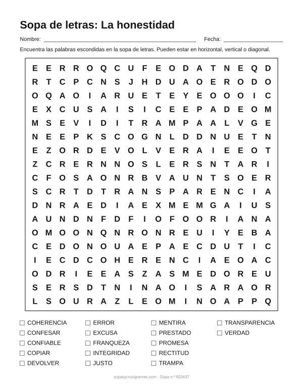 Hoja para imprimir de la sopa de letras de la honestidad: cuadrícula de 18 × 18 letras con 17 palabras escondidas, renglones para nombre y fecha y la lista de palabras para tachar.