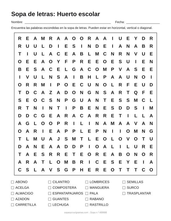 Hoja para imprimir de la sopa de letras del huerto escolar: cuadrícula de 18 × 18 letras con 18 palabras escondidas, renglones para nombre y fecha y la lista de palabras para tachar.