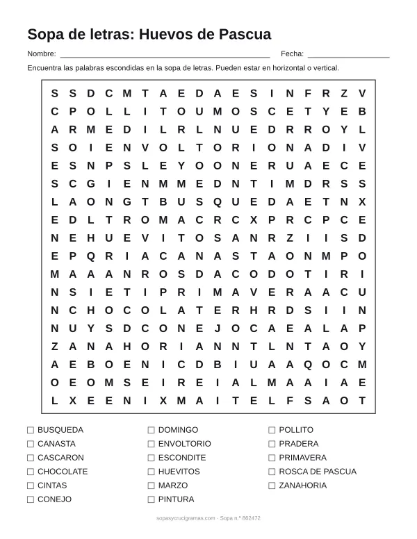 Hoja para imprimir de la sopa de letras de huevos de Pascua: cuadrícula de 18 × 18 letras con 17 palabras escondidas, renglones para nombre y fecha y la lista de palabras para tachar.
