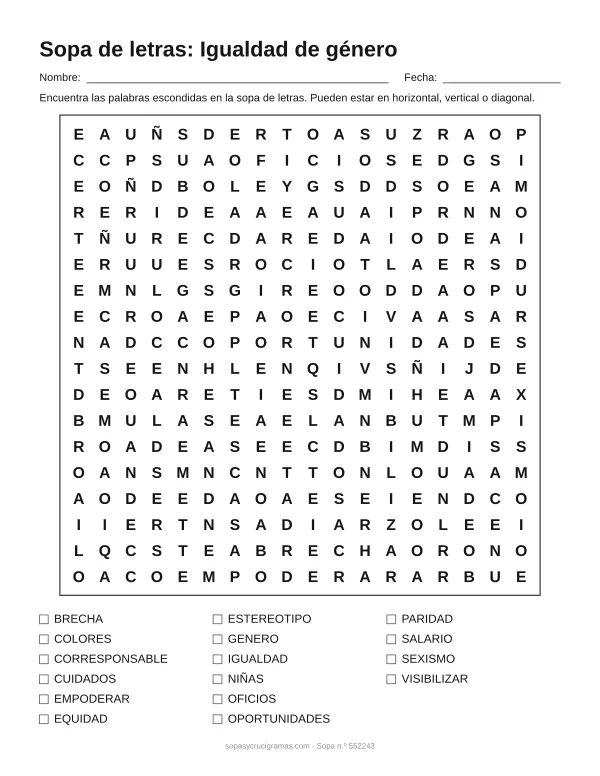 Hoja para imprimir de la sopa de letras de la igualdad de género: cuadrícula de 18 × 18 letras con 16 palabras escondidas, renglones para nombre y fecha y la lista de palabras para tachar.