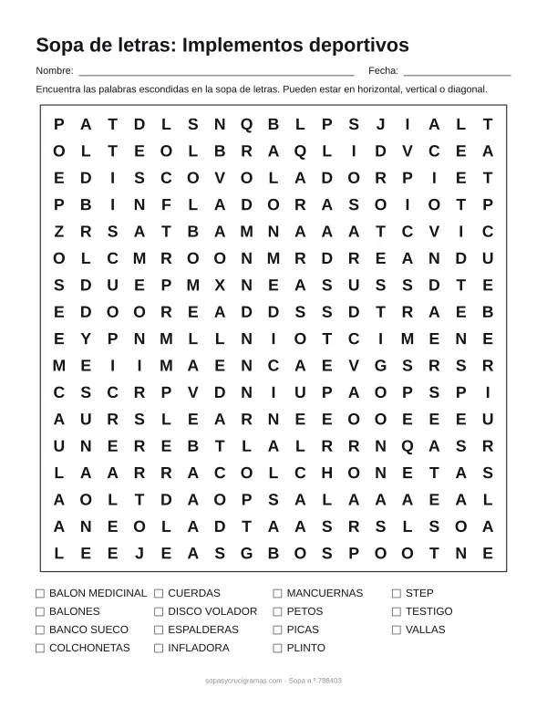Hoja para imprimir de la sopa de letras de implementos deportivos: cuadrícula de 17 × 17 letras con 15 palabras escondidas, renglones para nombre y fecha y la lista de palabras para tachar.