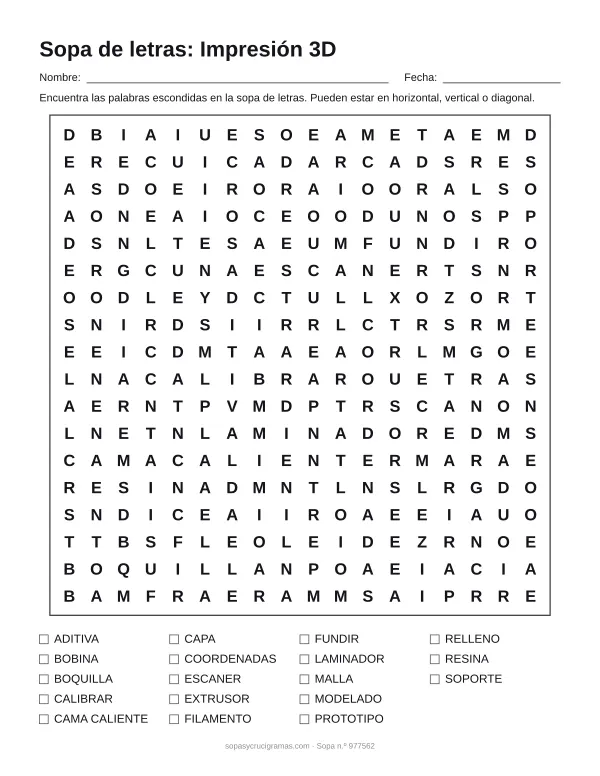 Hoja para imprimir de la sopa de letras de impresión 3D: cuadrícula de 18 × 18 letras con 18 palabras escondidas, renglones para nombre y fecha y la lista de palabras para tachar.
