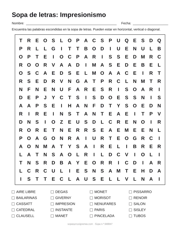 Hoja para imprimir de la sopa de letras del impresionismo: cuadrícula de 18 × 18 letras con 20 palabras escondidas, renglones para nombre y fecha y la lista de palabras para tachar.