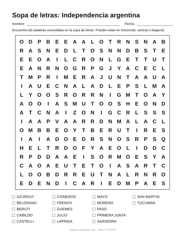 Hoja para imprimir de la sopa de letras de la Independencia argentina: cuadrícula de 17 × 17 letras con 17 palabras escondidas, renglones para nombre y fecha y la lista de palabras para tachar.
