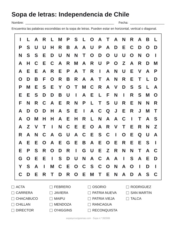 Hoja para imprimir de la sopa de letras de la Independencia de Chile: cuadrícula de 18 × 18 letras con 18 palabras escondidas, renglones para nombre y fecha y la lista de palabras para tachar.