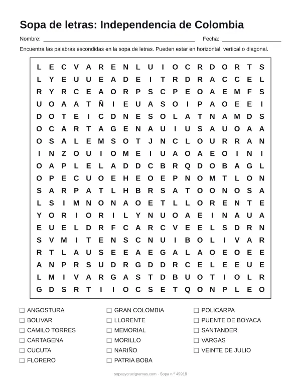 Hoja para imprimir de la sopa de letras de la Independencia de Colombia: cuadrícula de 19 × 19 letras con 17 palabras escondidas, renglones para nombre y fecha y la lista de palabras para tachar.