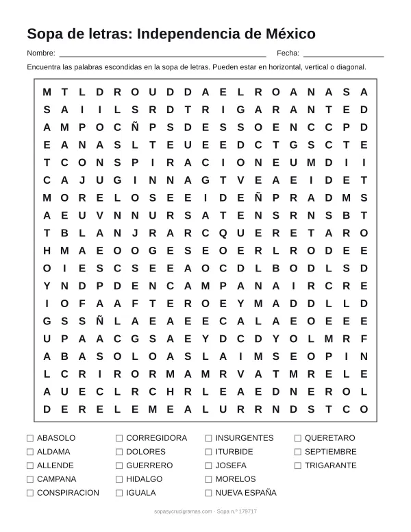 Hoja para imprimir de la sopa de letras de la Independencia de México: cuadrícula de 19 × 19 letras con 18 palabras escondidas, renglones para nombre y fecha y la lista de palabras para tachar.