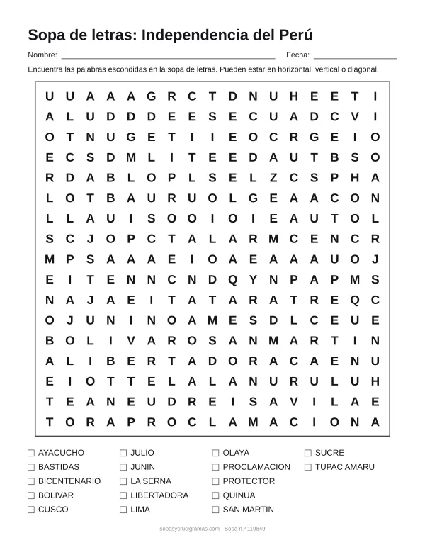 Hoja para imprimir de la sopa de letras de la Independencia del Perú: cuadrícula de 17 × 17 letras con 17 palabras escondidas, renglones para nombre y fecha y la lista de palabras para tachar.