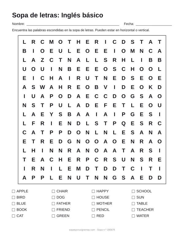 Hoja para imprimir de la sopa de letras en inglés básico: cuadrícula de 16 × 16 letras con 20 palabras escondidas, renglones para nombre y fecha y la lista de palabras para tachar.