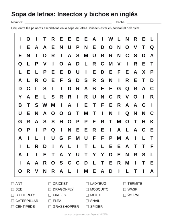 Hoja para imprimir de la sopa de letras de insectos en inglés: cuadrícula de 17 × 17 letras con 18 palabras escondidas, renglones para nombre y fecha y la lista de palabras para tachar.
