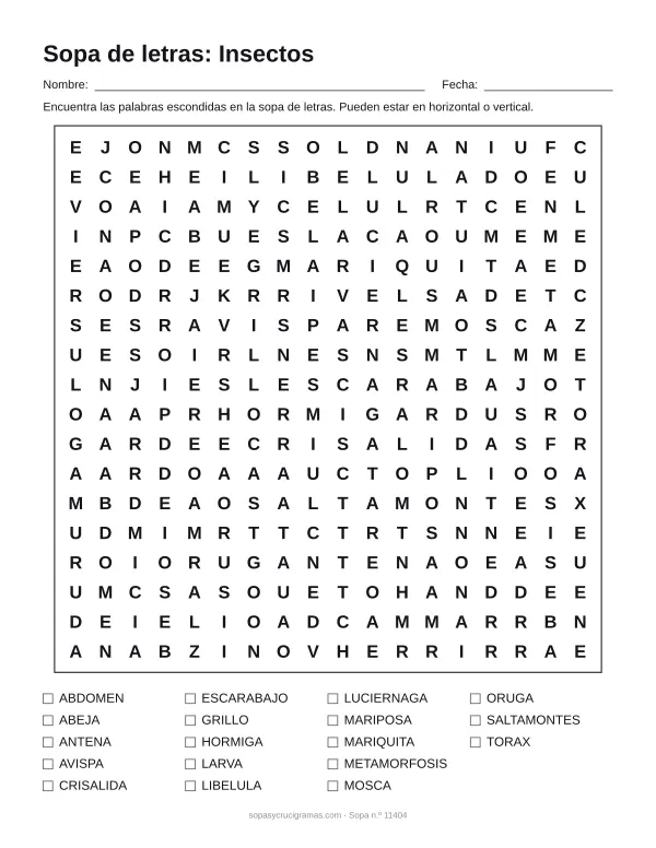 Hoja para imprimir de la sopa de letras de insectos: cuadrícula de 18 × 18 letras con 18 palabras escondidas, renglones para nombre y fecha y la lista de palabras para tachar.