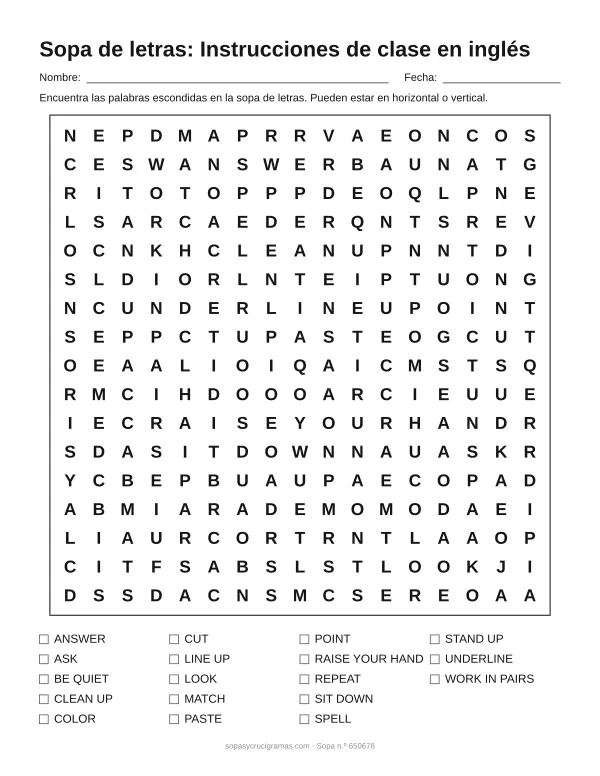 Hoja para imprimir de la sopa de letras de órdenes de clase en inglés: cuadrícula de 17 × 17 letras con 18 palabras escondidas, renglones para nombre y fecha y la lista de palabras para tachar.