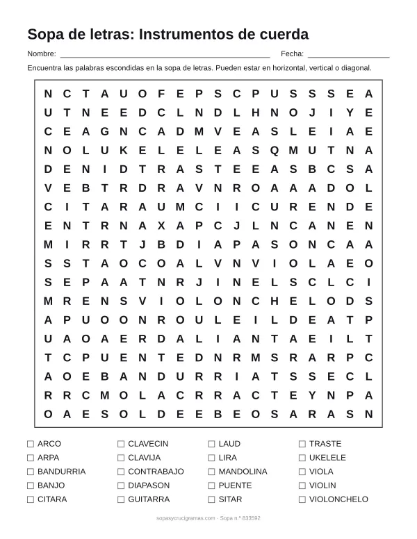 Hoja para imprimir de la sopa de letras de instrumentos de cuerda: cuadrícula de 18 × 18 letras con 20 palabras escondidas, renglones para nombre y fecha y la lista de palabras para tachar.