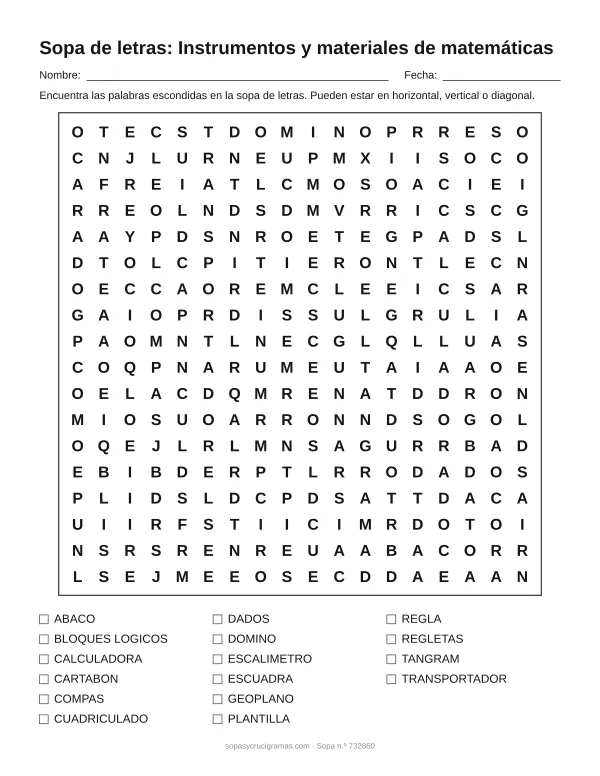 Hoja para imprimir de la sopa de letras de instrumentos matemáticos: cuadrícula de 18 × 18 letras con 16 palabras escondidas, renglones para nombre y fecha y la lista de palabras para tachar.