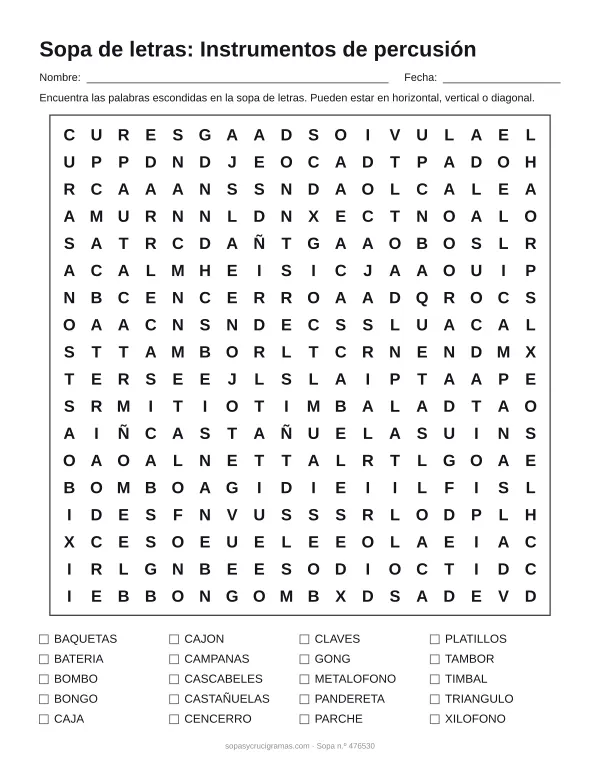 Hoja para imprimir de la sopa de letras de instrumentos de percusión: cuadrícula de 18 × 18 letras con 20 palabras escondidas, renglones para nombre y fecha y la lista de palabras para tachar.