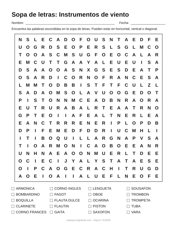 Hoja para imprimir de la sopa de letras de instrumentos de viento: cuadrícula de 19 × 19 letras con 20 palabras escondidas, renglones para nombre y fecha y la lista de palabras para tachar.