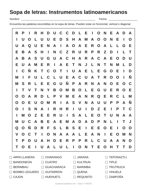 Hoja para imprimir de la sopa de letras de instrumentos latinos: cuadrícula de 19 × 19 letras con 20 palabras escondidas, renglones para nombre y fecha y la lista de palabras para tachar.