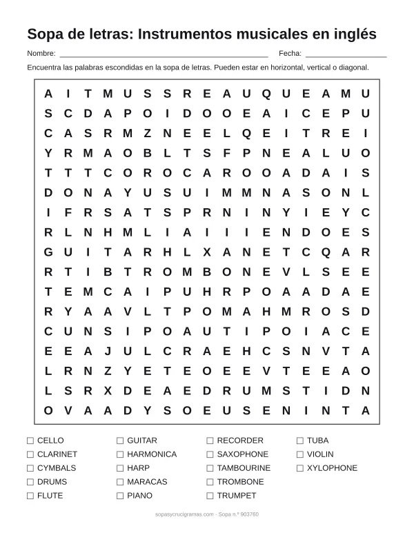 Hoja para imprimir de la sopa de letras de instrumentos en inglés: cuadrícula de 17 × 17 letras con 18 palabras escondidas, renglones para nombre y fecha y la lista de palabras para tachar.
