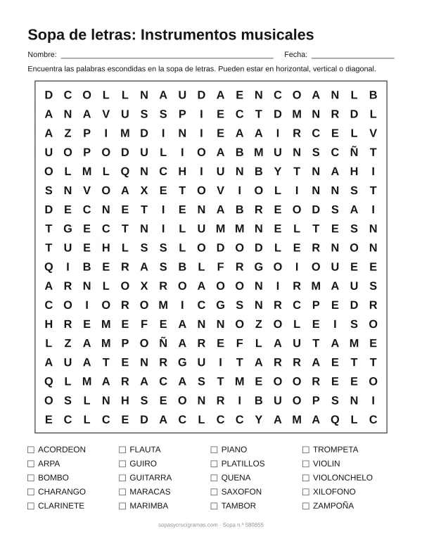 Hoja para imprimir de la sopa de letras de instrumentos musicales: cuadrícula de 18 × 18 letras con 20 palabras escondidas, renglones para nombre y fecha y la lista de palabras para tachar.