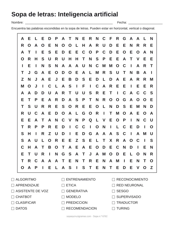 Hoja para imprimir de la sopa de letras de inteligencia artificial: cuadrícula de 20 × 20 letras con 18 palabras escondidas, renglones para nombre y fecha y la lista de palabras para tachar.