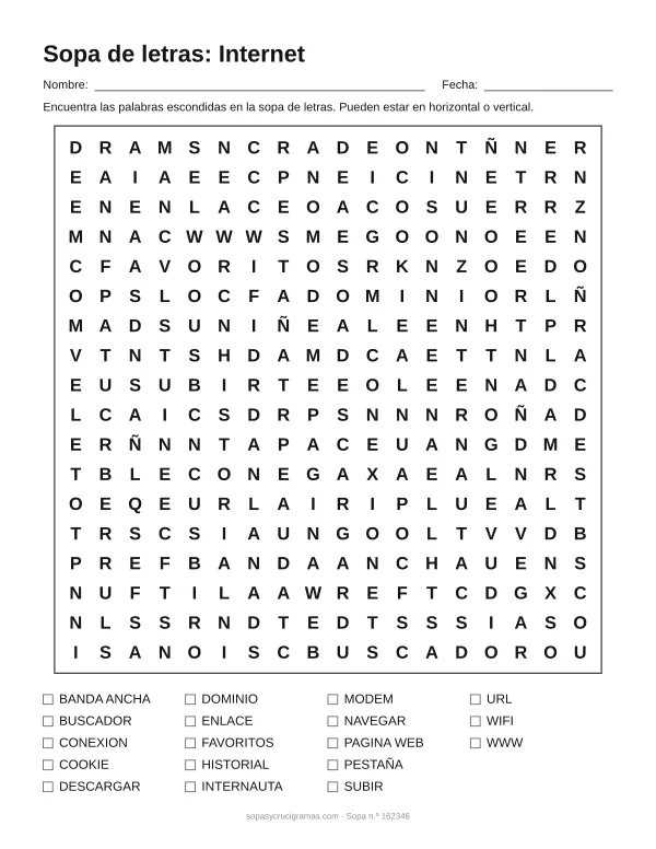 Hoja para imprimir de la sopa de letras de internet: cuadrícula de 18 × 18 letras con 18 palabras escondidas, renglones para nombre y fecha y la lista de palabras para tachar.