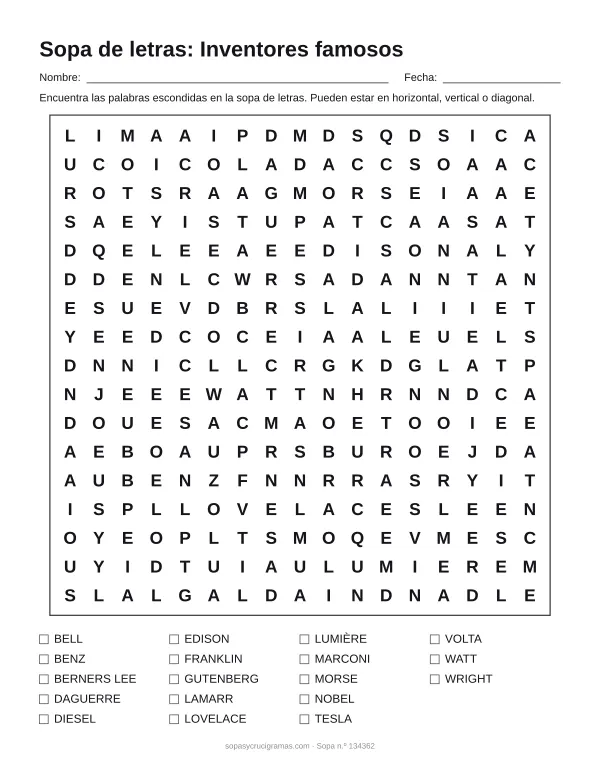Hoja para imprimir de la sopa de letras de inventores famosos: cuadrícula de 17 × 17 letras con 18 palabras escondidas, renglones para nombre y fecha y la lista de palabras para tachar.