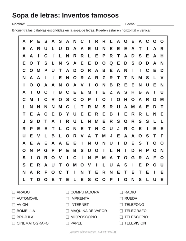 Hoja para imprimir de la sopa de letras de inventos famosos: cuadrícula de 20 × 20 letras con 18 palabras escondidas, renglones para nombre y fecha y la lista de palabras para tachar.