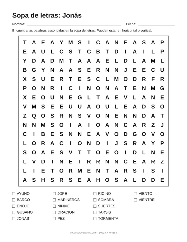 Hoja para imprimir de la sopa de letras de Jonás y el gran pez: cuadrícula de 16 × 16 letras con 17 palabras escondidas, renglones para nombre y fecha y la lista de palabras para tachar.