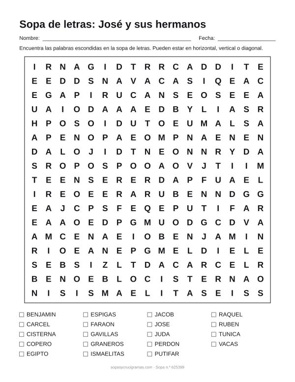 Hoja para imprimir de la sopa de letras de José y sus hermanos: cuadrícula de 17 × 17 letras con 19 palabras escondidas, renglones para nombre y fecha y la lista de palabras para tachar.
