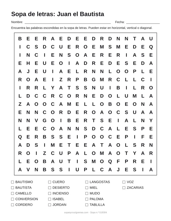 Hoja para imprimir de la sopa de letras de Juan el Bautista: cuadrícula de 17 × 17 letras con 17 palabras escondidas, renglones para nombre y fecha y la lista de palabras para tachar.