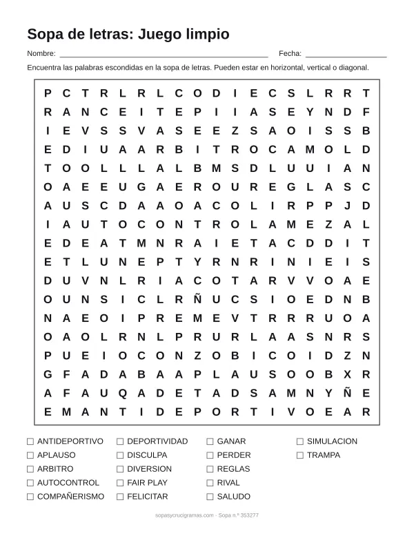 Hoja para imprimir de la sopa de letras del juego limpio: cuadrícula de 18 × 18 letras con 17 palabras escondidas, renglones para nombre y fecha y la lista de palabras para tachar.
