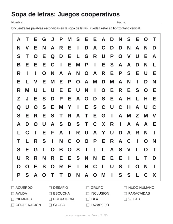 Hoja para imprimir de la sopa de letras de juegos cooperativos: cuadrícula de 17 × 17 letras con 15 palabras escondidas, renglones para nombre y fecha y la lista de palabras para tachar.