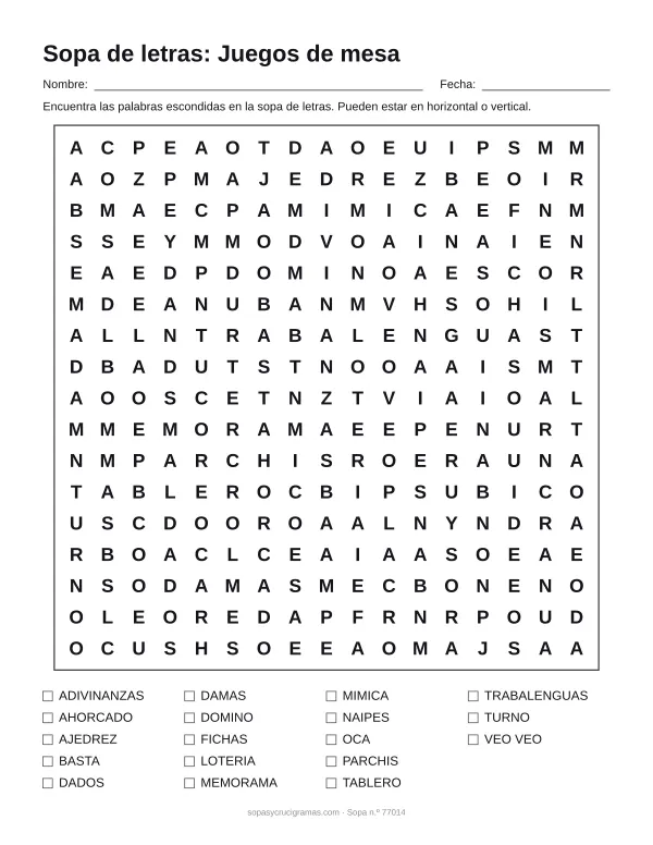 Hoja para imprimir de la sopa de letras de juegos de mesa: cuadrícula de 17 × 17 letras con 18 palabras escondidas, renglones para nombre y fecha y la lista de palabras para tachar.