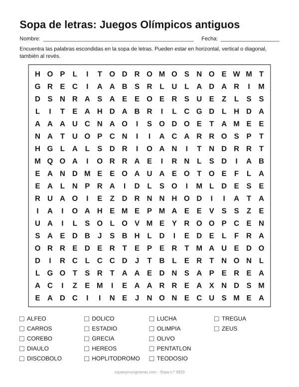 Hoja para imprimir de la sopa de letras de los Juegos Olímpicos antiguos: cuadrícula de 19 × 19 letras con 17 palabras escondidas, renglones para nombre y fecha y la lista de palabras para tachar.