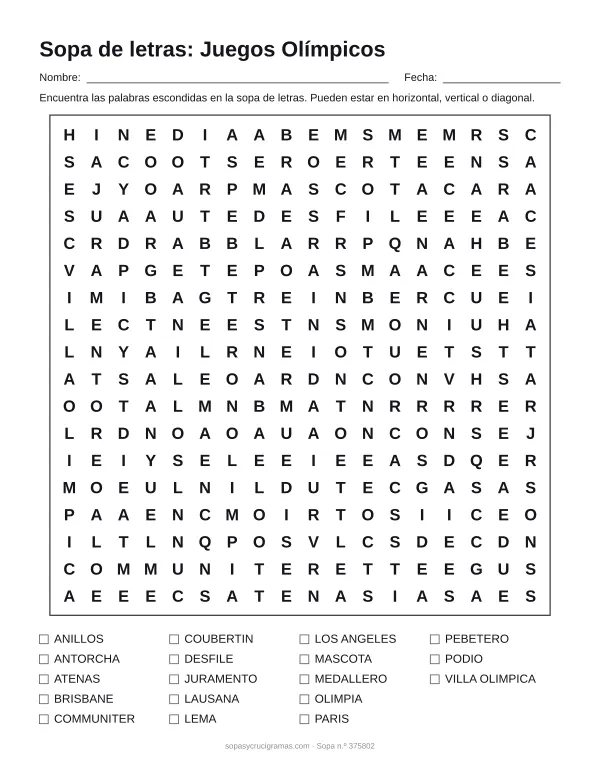 Hoja para imprimir de la sopa de letras de los Juegos Olímpicos: cuadrícula de 18 × 18 letras con 18 palabras escondidas, renglones para nombre y fecha y la lista de palabras para tachar.