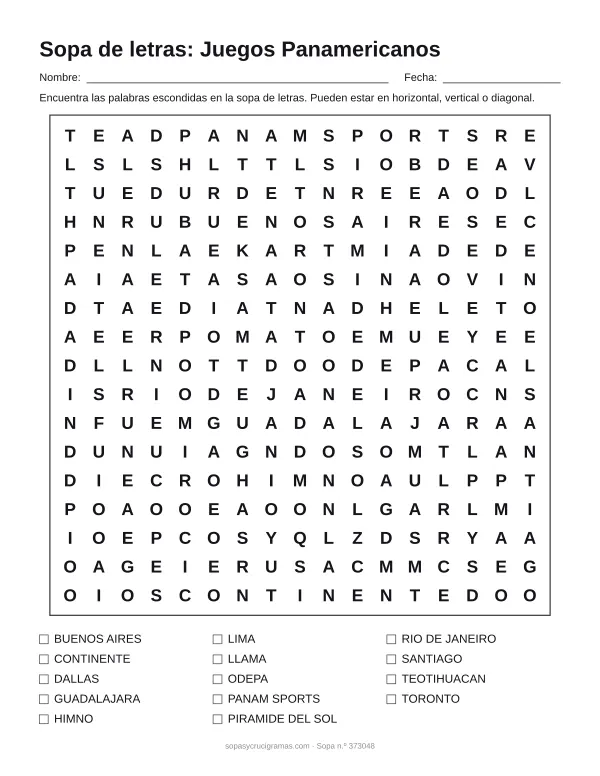 Hoja para imprimir de la sopa de letras de los Juegos Panamericanos: cuadrícula de 17 × 17 letras con 14 palabras escondidas, renglones para nombre y fecha y la lista de palabras para tachar.