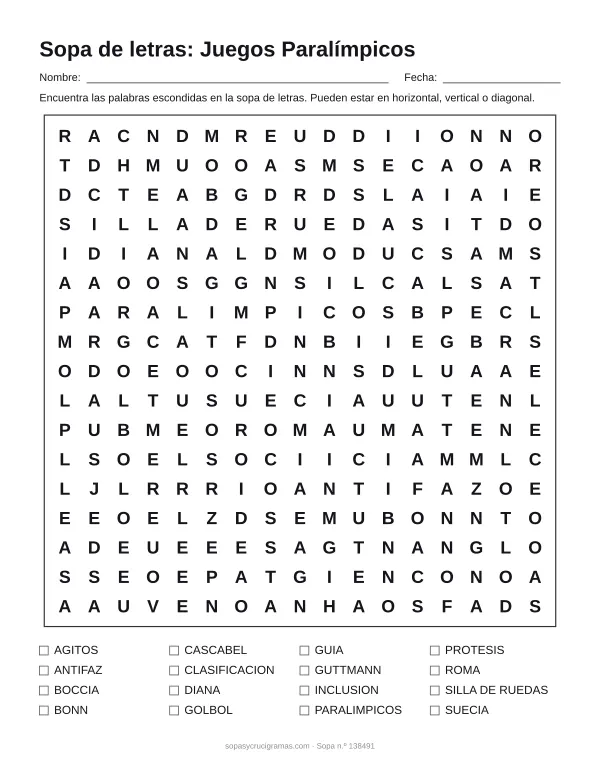 Hoja para imprimir de la sopa de letras de los Juegos Paralímpicos: cuadrícula de 17 × 17 letras con 16 palabras escondidas, renglones para nombre y fecha y la lista de palabras para tachar.