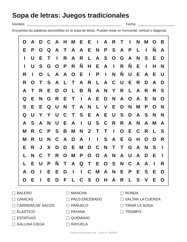 Hoja para imprimir de la sopa de letras de juegos tradicionales: cuadrícula de 18 × 18 letras con 16 palabras escondidas, renglones para nombre y fecha y la lista de palabras para tachar.