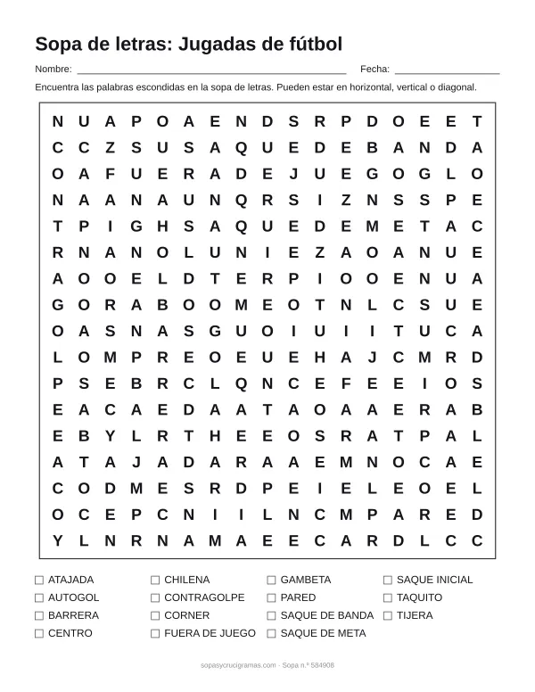 Hoja para imprimir de la sopa de letras de jugadas de fútbol: cuadrícula de 17 × 17 letras con 15 palabras escondidas, renglones para nombre y fecha y la lista de palabras para tachar.