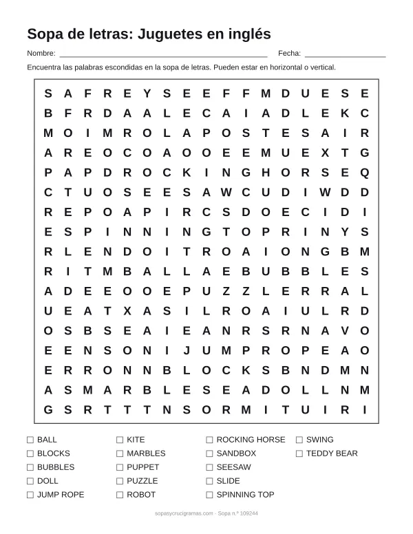 Hoja para imprimir de la sopa de letras de juguetes en inglés: cuadrícula de 17 × 17 letras con 17 palabras escondidas, renglones para nombre y fecha y la lista de palabras para tachar.