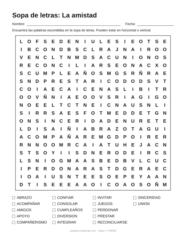 Hoja para imprimir de la sopa de letras de la amistad: cuadrícula de 19 × 19 letras con 17 palabras escondidas, renglones para nombre y fecha y la lista de palabras para tachar.