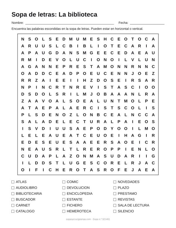 Hoja para imprimir de la sopa de letras de la biblioteca: cuadrícula de 20 × 20 letras con 18 palabras escondidas, renglones para nombre y fecha y la lista de palabras para tachar.