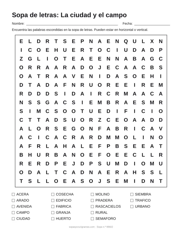 Hoja para imprimir de la sopa de letras de la ciudad y el campo: cuadrícula de 17 × 17 letras con 18 palabras escondidas, renglones para nombre y fecha y la lista de palabras para tachar.
