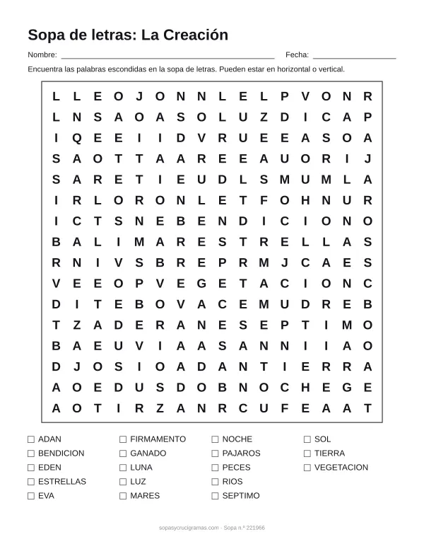 Hoja para imprimir de la sopa de letras de la Creación: cuadrícula de 16 × 16 letras con 18 palabras escondidas, renglones para nombre y fecha y la lista de palabras para tachar.