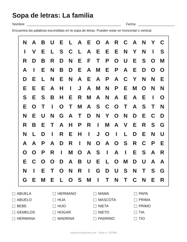 Hoja para imprimir de la sopa de letras de la familia: cuadrícula de 16 × 16 letras con 20 palabras escondidas, renglones para nombre y fecha y la lista de palabras para tachar.