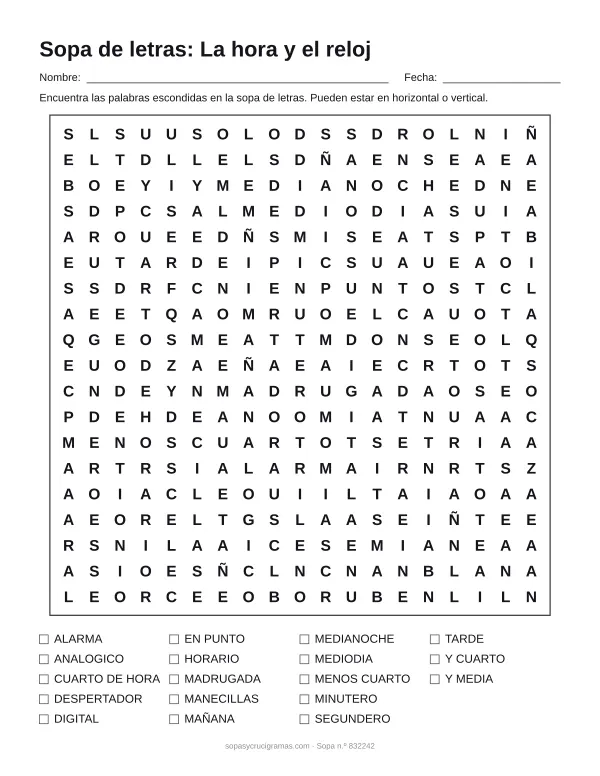Hoja para imprimir de la sopa de letras del reloj y la hora: cuadrícula de 19 × 19 letras con 18 palabras escondidas, renglones para nombre y fecha y la lista de palabras para tachar.
