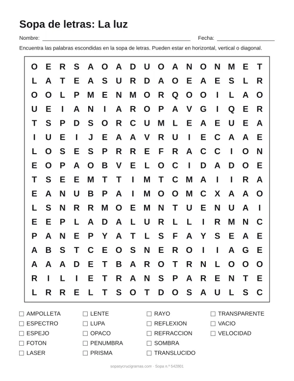 Hoja para imprimir de la sopa de letras de la luz: cuadrícula de 17 × 17 letras con 18 palabras escondidas, renglones para nombre y fecha y la lista de palabras para tachar.