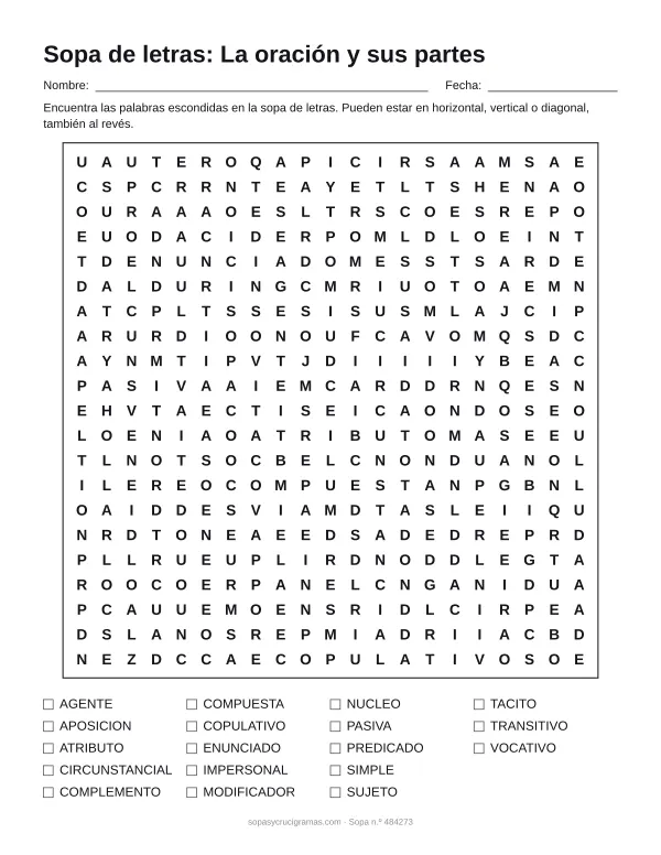 Hoja para imprimir de la sopa de letras de la oración y sus partes: cuadrícula de 21 × 21 letras con 18 palabras escondidas, renglones para nombre y fecha y la lista de palabras para tachar.